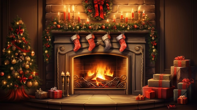 un'accogliente scena del caminetto con calze appese a calde fiamme incandescenti e una ghirlanda di Natale