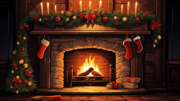 un'accogliente scena del caminetto con calze appese a calde fiamme incandescenti e una ghirlanda di Natale