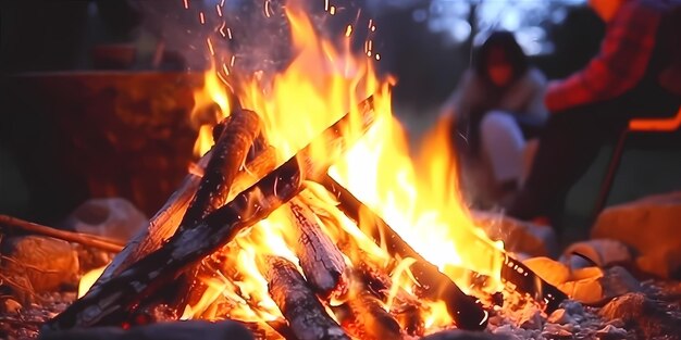 Un'accogliente scena di campeggio con un falò tremolante circondato da amici che arrostiscono marshmallow