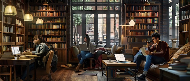 Un'accogliente sessione di studio della biblioteca con gli amici