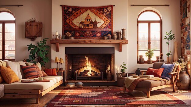 Un accogliente soggiorno con un caldo camino mobili rustici e un arazzo vibrante appeso al muro