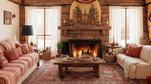 Un accogliente soggiorno con un caldo camino mobili rustici e un arazzo vibrante appeso al muro