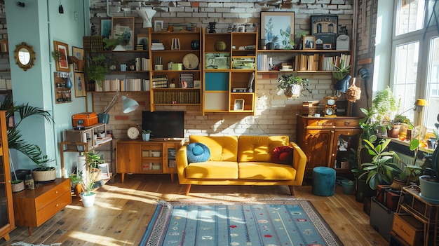 Un accogliente soggiorno con un divano giallo, un tavolino da caffè e un sacco di scaffali per libri, ci sono piante, una televisione e un tappeto blu sul pavimento.