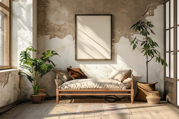 Un accogliente soggiorno con un divano piante in vaso e una cornice per le immagini sul muro