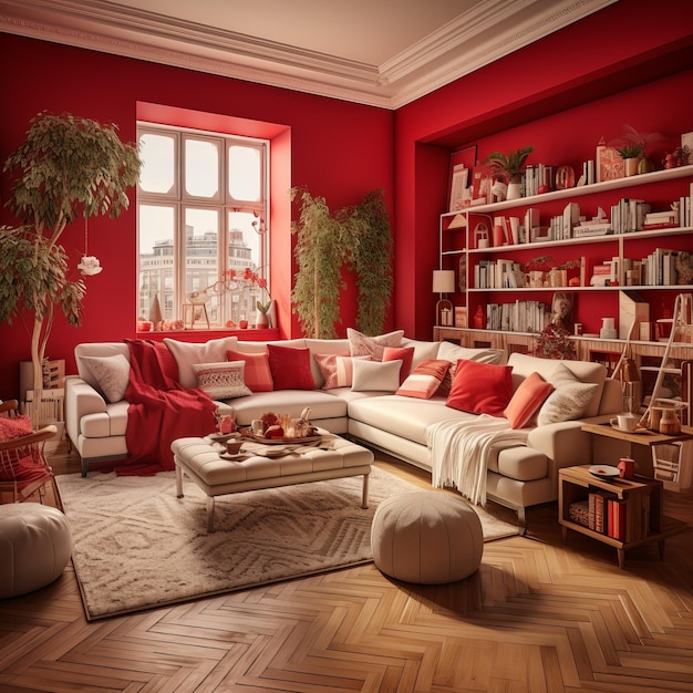 Un accogliente soggiorno con un grande divano rosso e una parete rossa