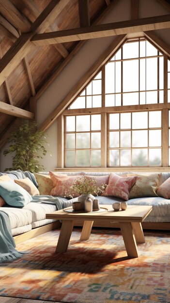 Un accogliente soggiorno con una grande finestra e un tappeto colorato
