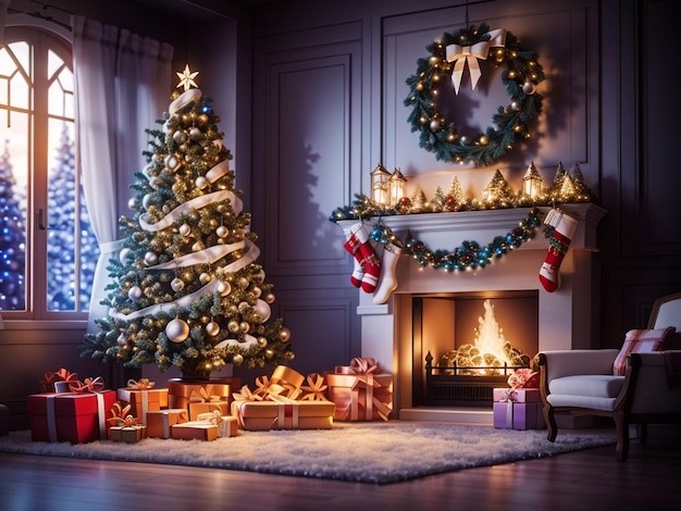 Un accogliente soggiorno illuminato con numerose luci decorate pronte per festeggiare il Natale Interior design della stanza di Natale Albero di Natale decorato da luci, candele e ghirlande che illuminano il camino interno