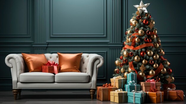 Un accogliente soggiorno illuminato con numerose luci decorate pronte per festeggiare il Natale Interior design della stanza di Natale Albero di Natale decorato da luci, candele e ghirlande che illuminano il camino interno
