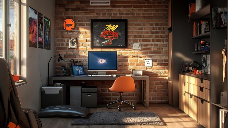Un accogliente spazio di gioco e di lavoro con una parete di mattoni a sedia arancione per computer e decorazioni vibranti in s