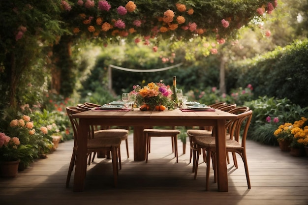 Un accogliente tavolo da pranzo in legno annidato in un giardino lussureggiante