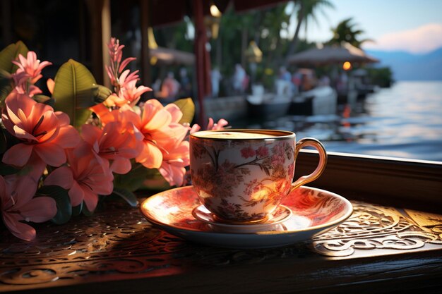 Un'accogliente tazza da tè o caffè rivela un'oasi tropicale