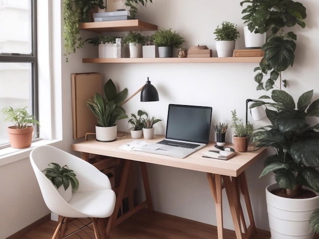 Un accogliente ufficio in casa con un elegante e moderno taccuino da scrivania, caffè e piante