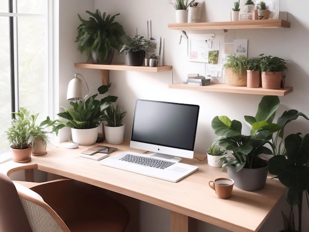 Un accogliente ufficio in casa con un elegante e moderno taccuino da scrivania, caffè e piante