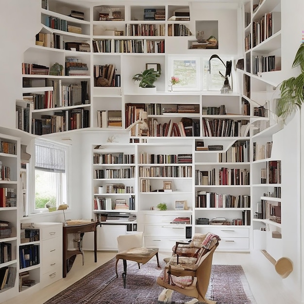 Un accogliente ufficio in casa con una parete rivestita di libreria e un comodo angolo lettura generato dall'intelligenza artificiale