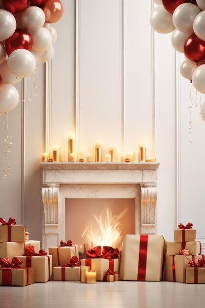 Un accordo speciale di Natale candele simboliche camino regali palloncini d'oro