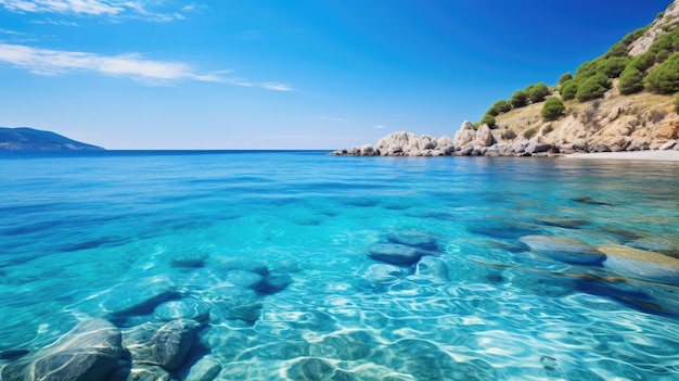 un'acqua blu con rocce e una collina