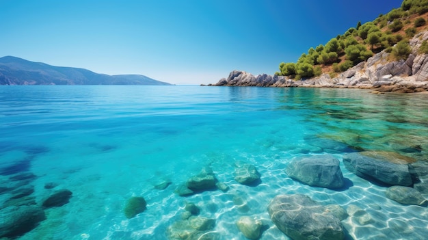 un'acqua blu limpida con rocce e alberi