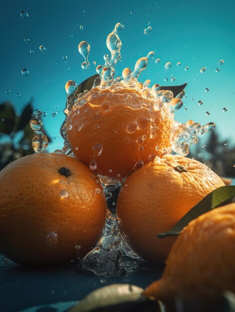 Un'acqua che spruzza arance con uno sfondo blu