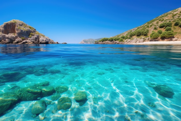 un'acqua cristallina con rocce e colline sullo sfondo