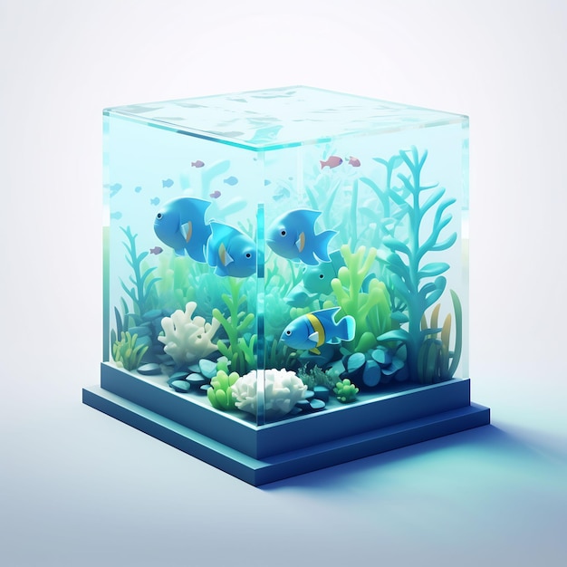 un acquario con un fondo blu che dice " pesce " su di esso.
