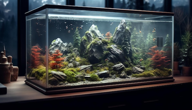 Un acquario con un paesaggio sul fondo