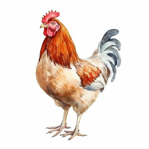 Un acquerello di un gallo su sfondo bianco.