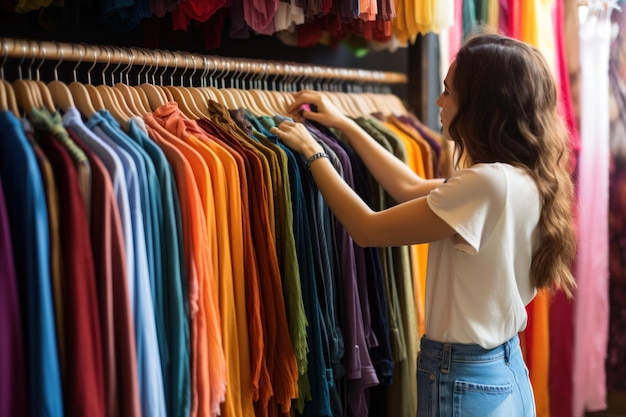 Un acquirente che curiosa tra gli scaffali di abbigliamento colorati in una boutique