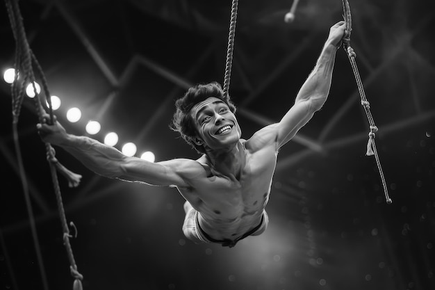 Un acrobata di circo che esegue con grazia trucchi aerei su un trapezio oscillante mostrando agilità e abilità con un sorriso