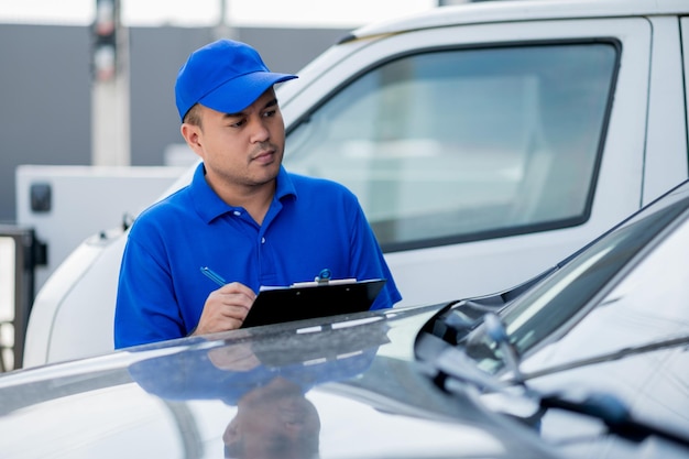 Un addetto alla manutenzione dell'auto sta controllando un elenco di articoli per la manutenzione dell'auto per un cliente dell'officina.