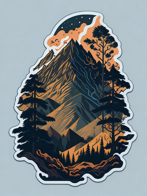 un adesivo che raffigura una montagna e alberi di pino