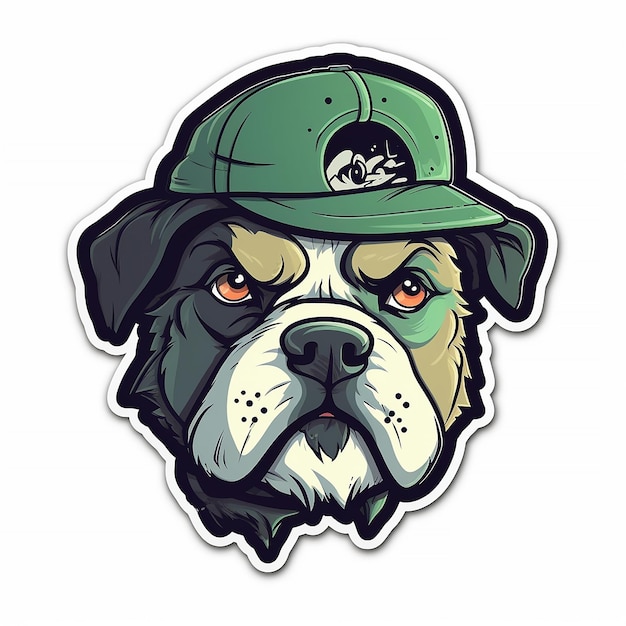 Un adesivo di un cane che indossa un cappello verde con su scritto bulldog