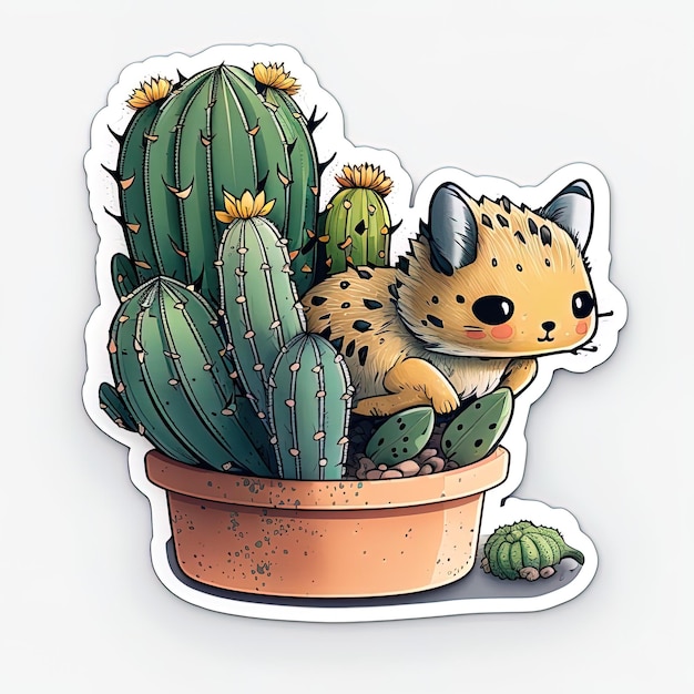 Un adesivo di un piccolo ghepardo in una pentola con un cactus.