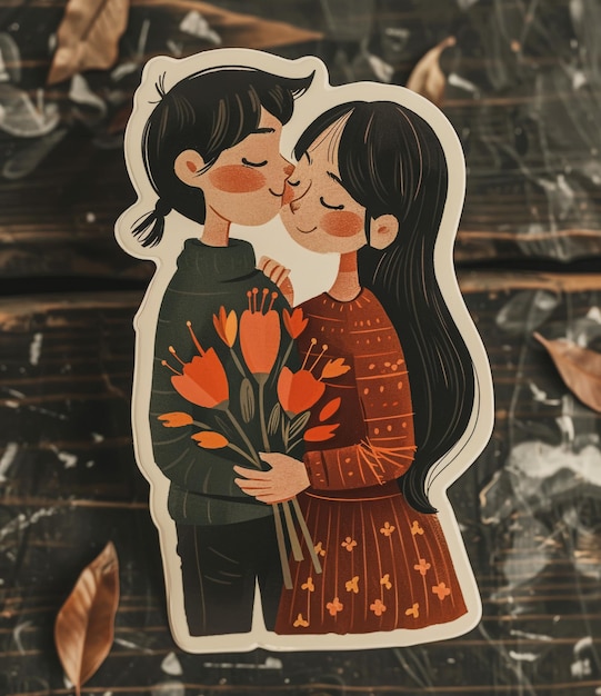 un adesivo di una coppia che si bacia e le parole bacio sul fondo
