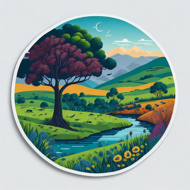 Un adesivo raffigurante un sereno paesaggio naturale con un albero vivace e fiori colorati
