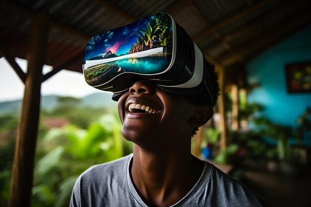 Un adolescente afroamericano che indossa occhiali di realtà virtuale è entrato in un mondo magico sull'isola paradisiaca.