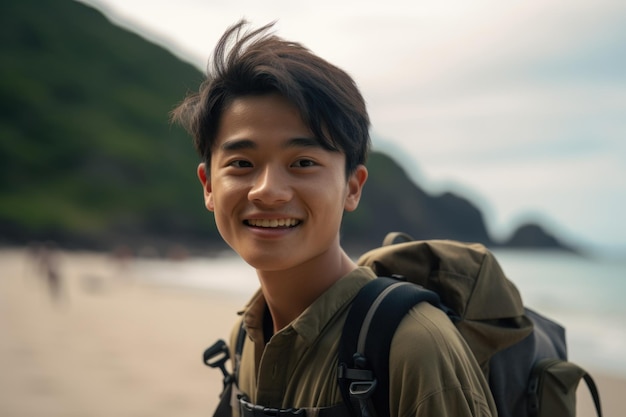 Un adolescente asiatico sorridente che esplora la natura facendo escursioni in montagna godendosi una giornata in spiaggia