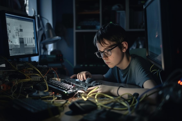 Un adolescente che gioca a videogiochi di notte in una stanza buia un ragazzo nerd sta programmando su un computer in una stanza generata dall'IA