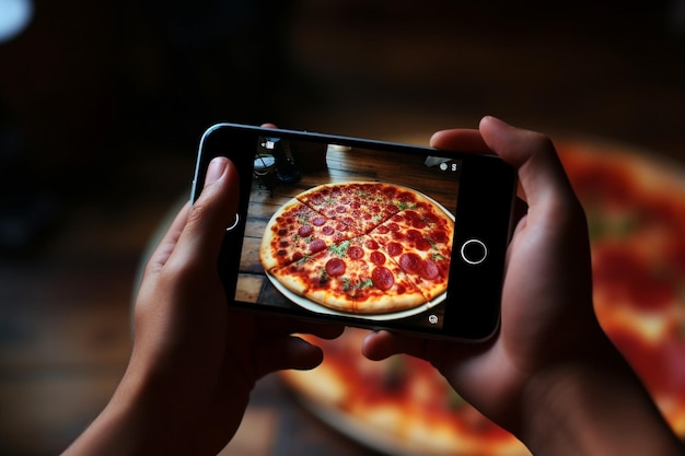 Un adolescente che si fa un selfie con una pizza di carne in mano