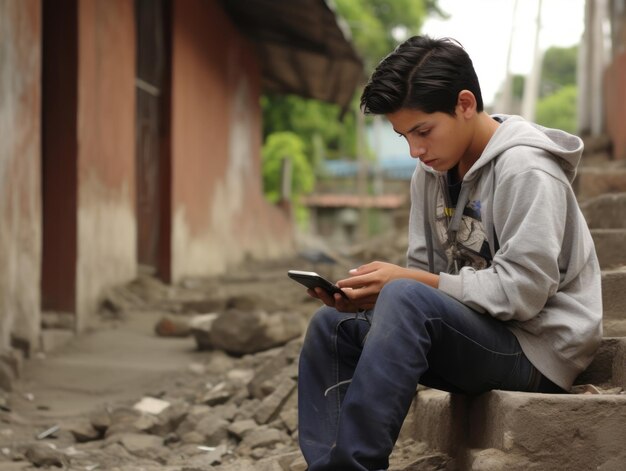 un adolescente colombiano che usa uno smartphone per giocare