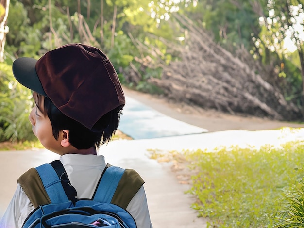 Un adolescente con una borsa da scuola che va a casa e torna a scuola