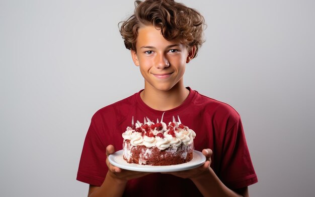 Un adolescente impegnato tiene in mano una torta di melograno isolata su uno sfondo bianco