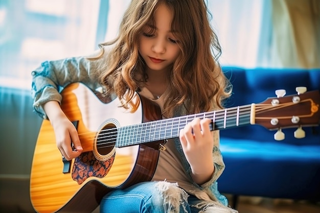 Un'adolescente sta imparando a suonare la chitarra