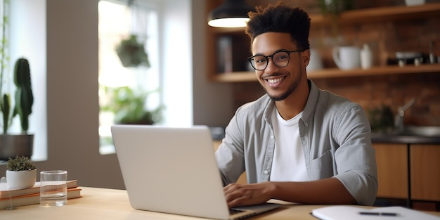 Un adolescente sta studiando online su un computer portatile a casa per fare i compiti