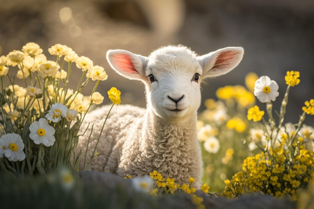 Un adorabile agnello primaverile in un campo di fiori primaverili generativo ai