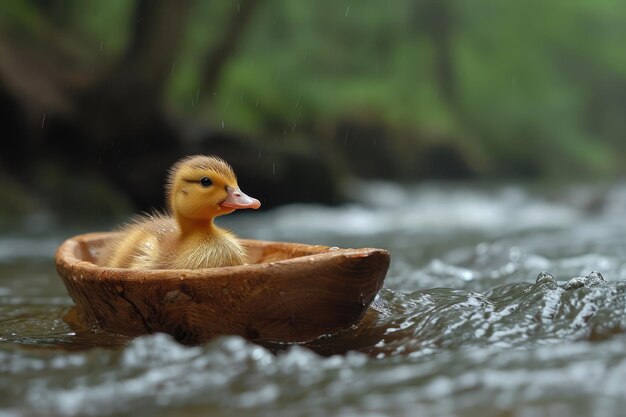 Un adorabile anatroccolo naviga su un lago calmo su una piccola barca fatta a mano contro le morbide tonalità del paesaggio autunnale