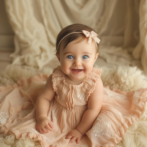 Un'adorabile bambina con gli occhi blu è seduta su una soffice coperta bianca e indossa un carino vestito rosa con un fiocco sulla testa