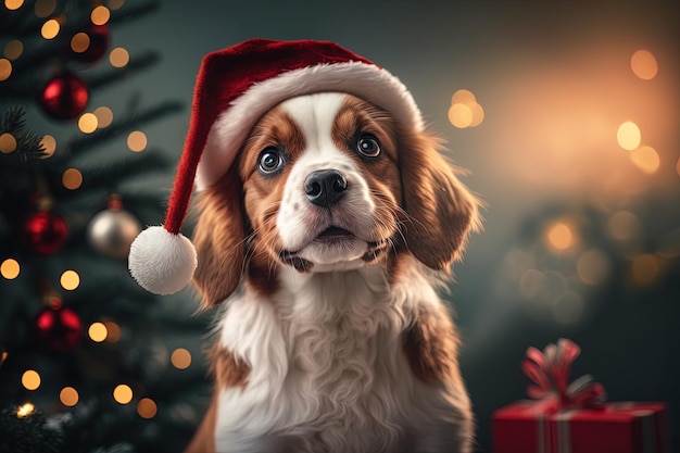 Un adorabile cagnolino con il cappello di Babbo Natale e l'abito natalizio posa davanti a un albero e a una pila di regali