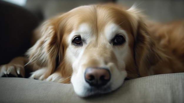 Un adorabile cane che sembra annoiato mentre giace sul divano di casa