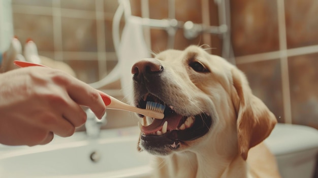 Un adorabile cane golden retriever che si lava i denti in bagno.