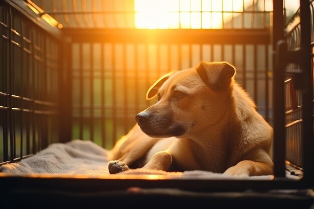 Un adorabile cane randagio guarda attraverso una gabbia di metallo arrugginita in un rifugio per animali ai raggi del sole che sorge